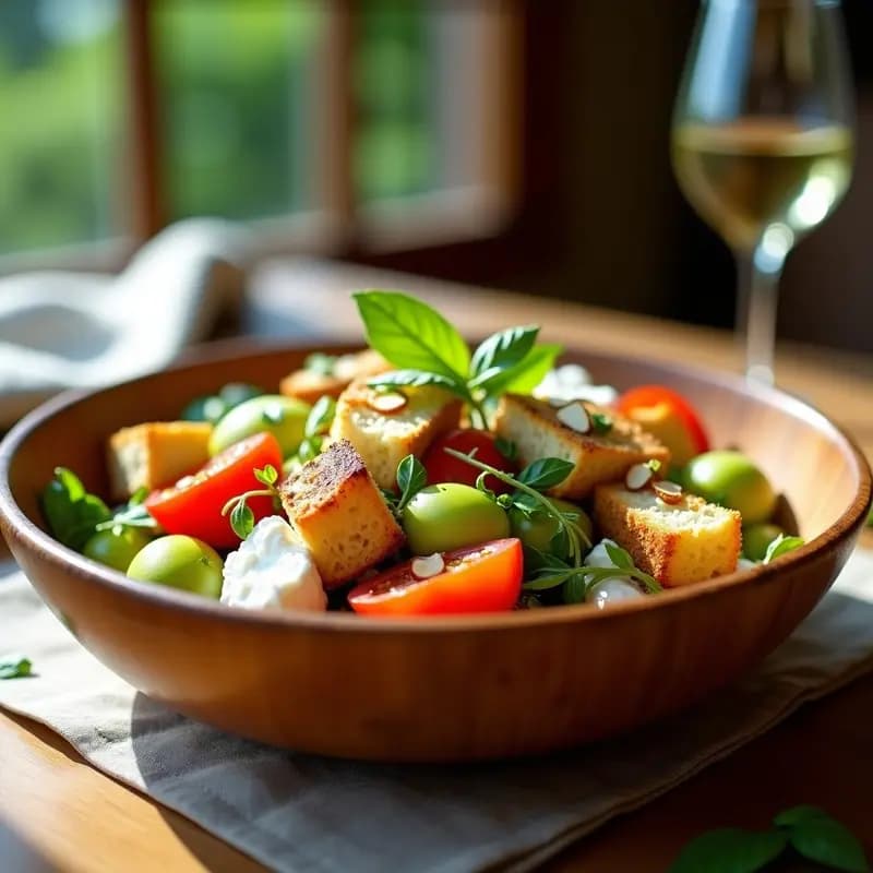 Panzanella de Tomate Verde y Queso de Burata: Ensalada Italiana con Toque Ácido