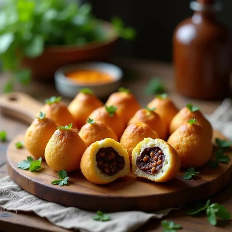 Pao de Queijo Relleno de Feijoada Brasilera: Aperitivo Sin Gluten con Toque Ahumado