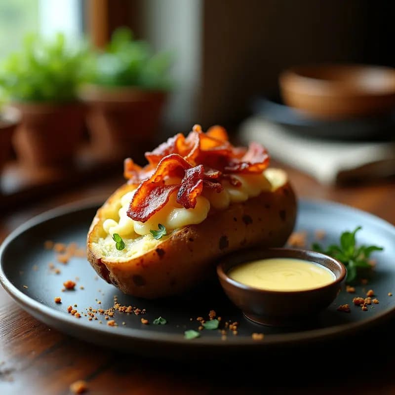Papa Rellena de Queso Azul y Tocino Caramelizado con Salsa de Miel y Mostaza: Un Bocado Intenso