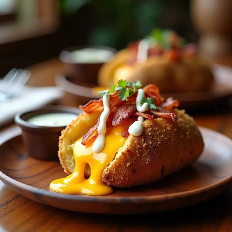 Papa Rellena de Queso Cheddar y Toccino con Salsa Rancher: Bomba de Sabores Tex-Mex