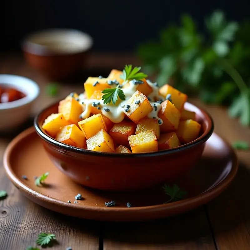 Papas Bravas con Queso Azul Fundido y Salsa de Chipotle: Aperitivo Español con Toque Picante
