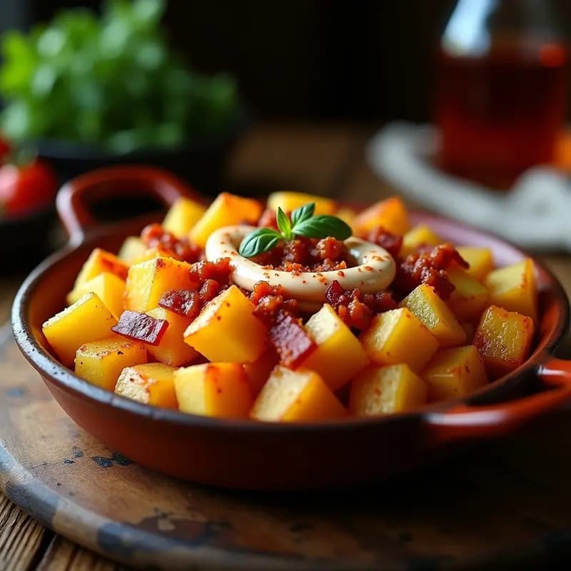 Papas Bravas con Queso Cheddar, Tocino Crujiente y Salsa Picante: Receta Española Reinventada