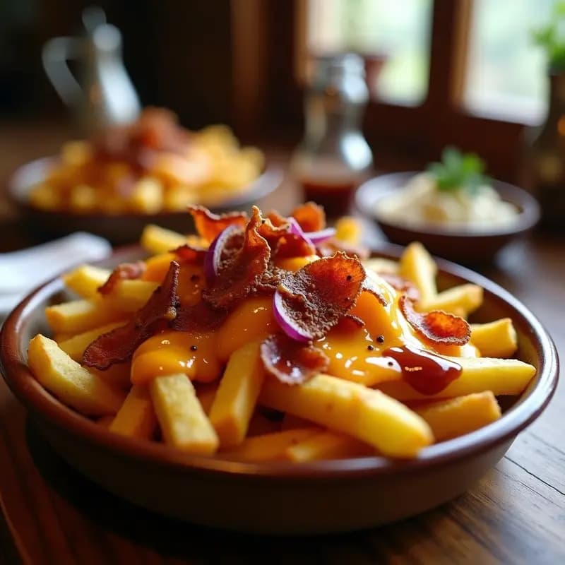 Papas Fritas con Queso Cheddar Derretido, Bacon y Salsa Barbacoa: El Acompañamiento Definitivo para tu Cheat-Meal