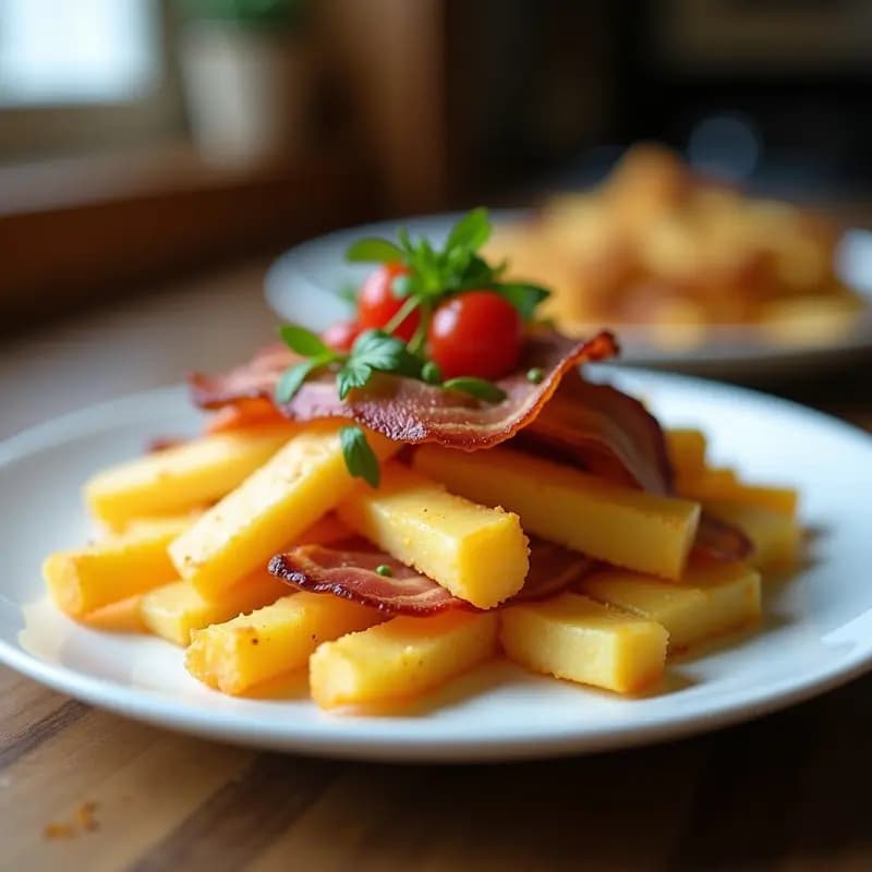 Papas Fritas con Queso Cheddar, Bacon y Cebolla Crujiente: Aperitivo Hipercalórico y Adictivo