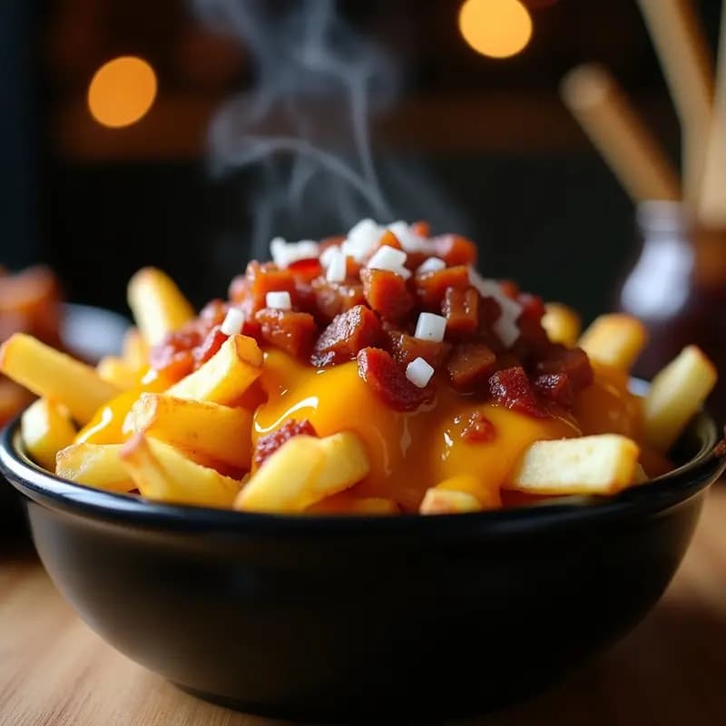 Papas Fritas con Queso Cheddar Derretido, Tocineta y Salsa Barbacoa: Montaña de Sabores que Enamora