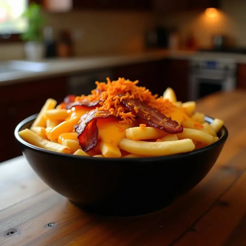 Papas Fritas con Queso Cheddar Fundido y Tocino Crujiente: Acompañamiento Último de Lujo