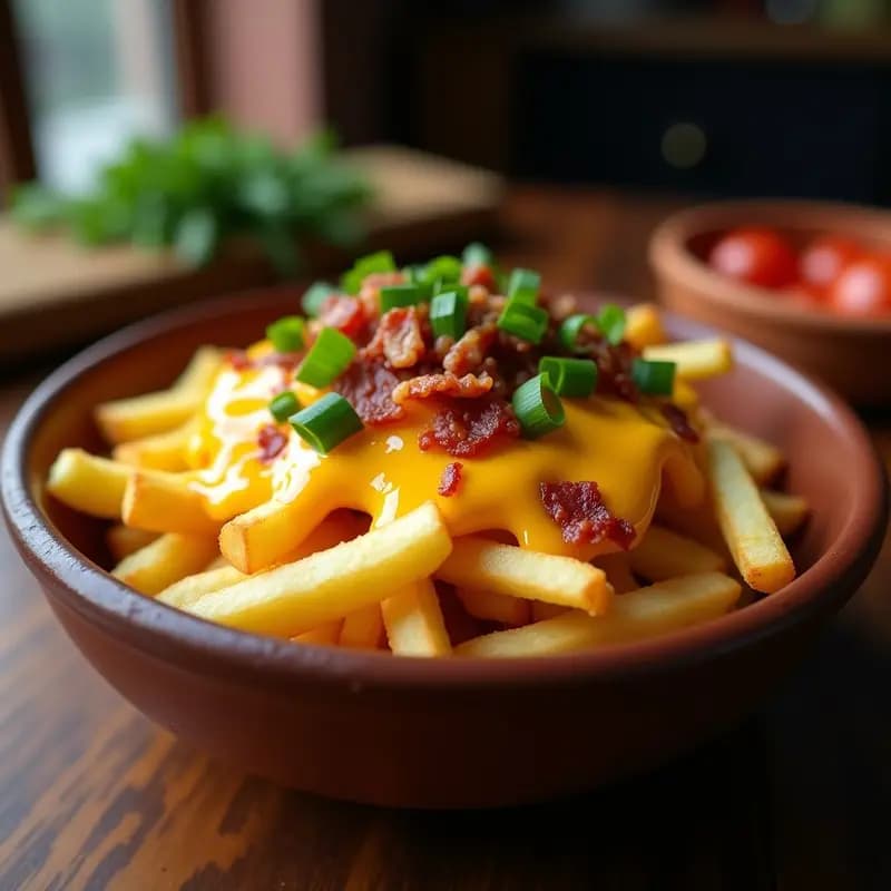 Papas Fritas con Queso Cheddar, Tocino y Cebolla Verde: La Guarnición Definitiva