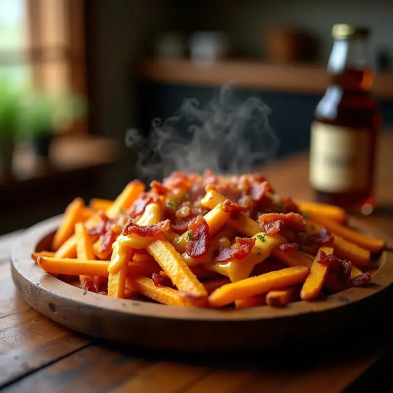 Papitas Fritas de Camote con Queso Cheddar Fundido, Bacon y Cebolla Caramelizada: Acompañamiento de Lujo