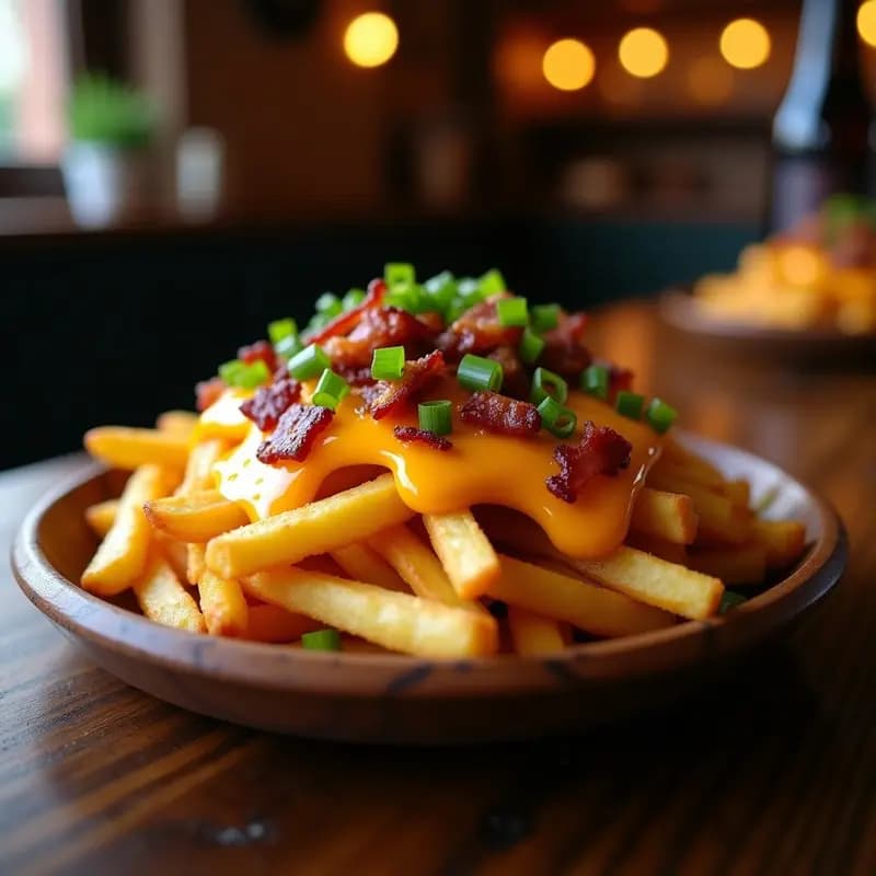 Papitas Fritas con Queso Cheddar Derretido, Bacon y Cebolla Verde: Receta de Bar en Casa