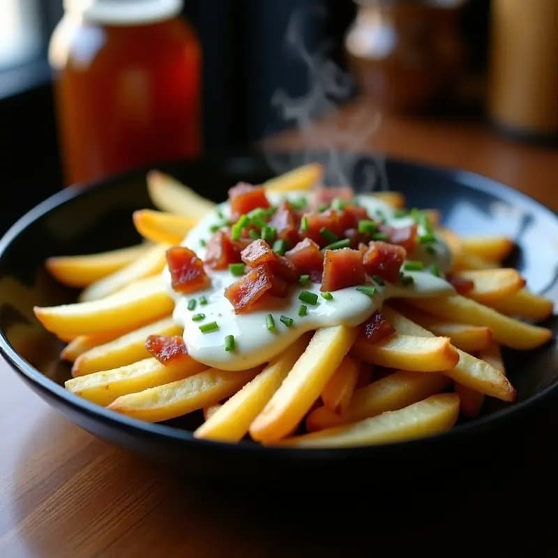 Papitas Fritas con Queso Azul Derretido, Bacon y Cebollino: Aperitivo Decadente en 10 Minutos