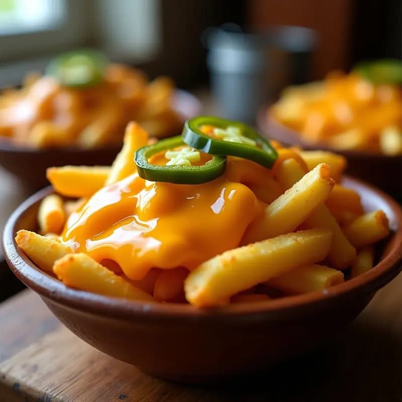 Papitas fritas bañadas en queso cheddar y jalapeños en escabeche: snack picante y adictivo