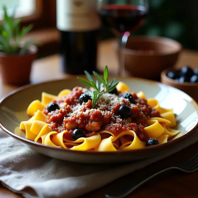 Pappardelle al Ragú de Conejo y Aceitunas: Receta Italiana de la Toscana con Vino Tinto