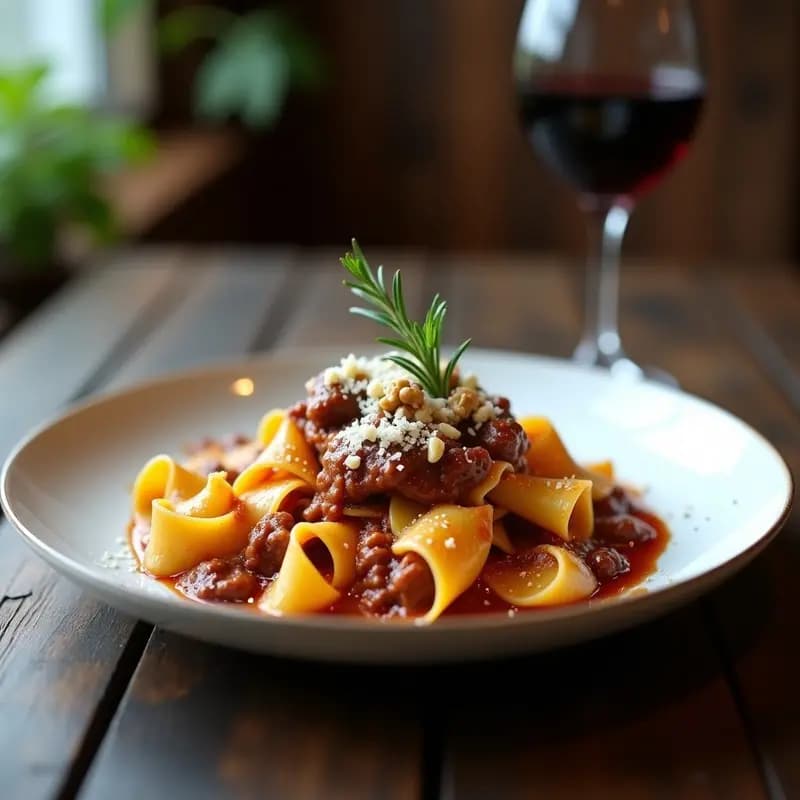 Pappardelle al Cinghiale: Pasta Italiana con Salsa de Jabalí y Aceite de Trufa