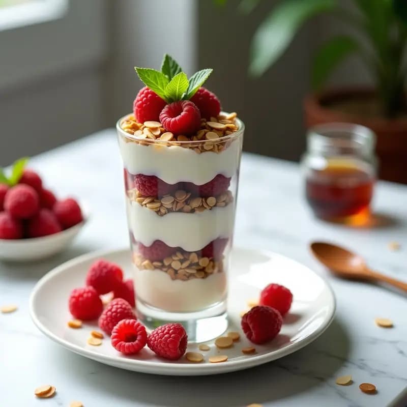 Parfait de Yogur Griego con Granola de Avena y Miel de Trufa: Postre Francés Elegante