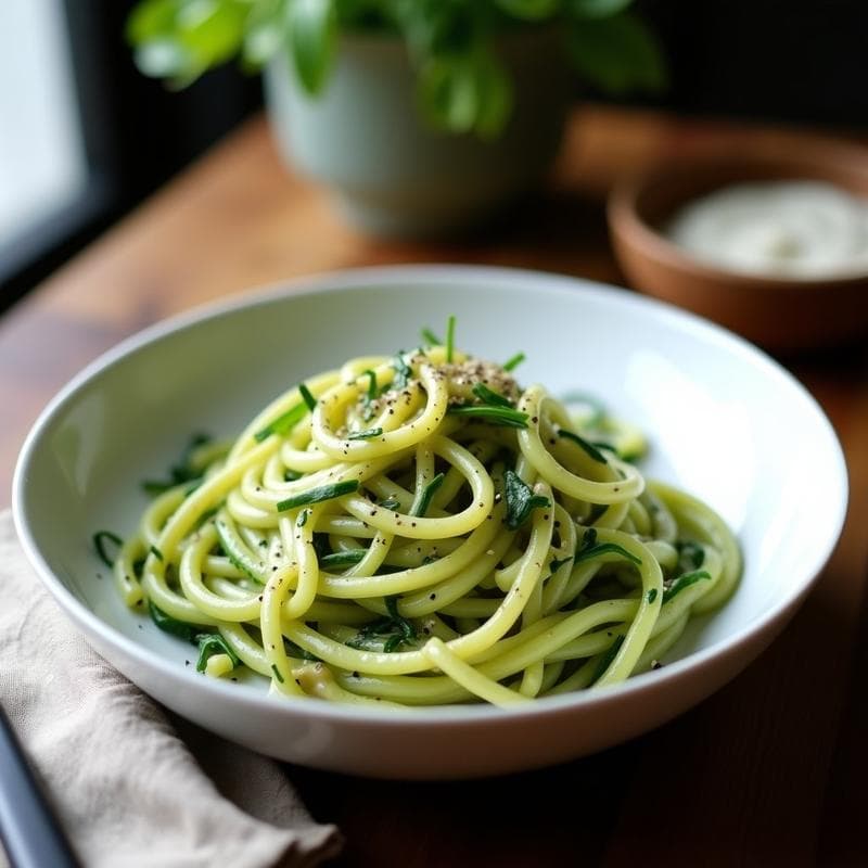 Pasta de Algas y Calabacín con Salsa de Anacardos y Ajo: Receta Vegana y Sin Harina