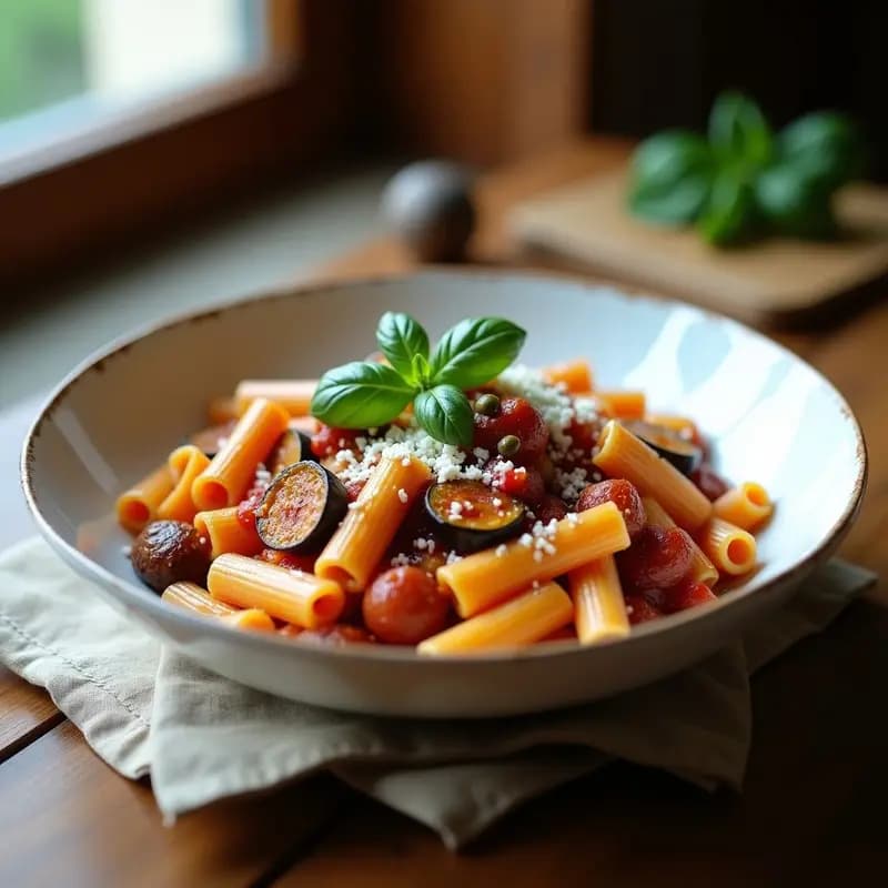 Pasta alla Norma Siciliana: Receta con Berenjenas Asadas y Ricotta Salata