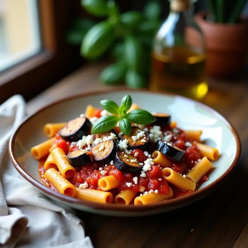 Pasta alla Norma Siciliana:Berengenas, Ricotta y Albahaca en su Punto