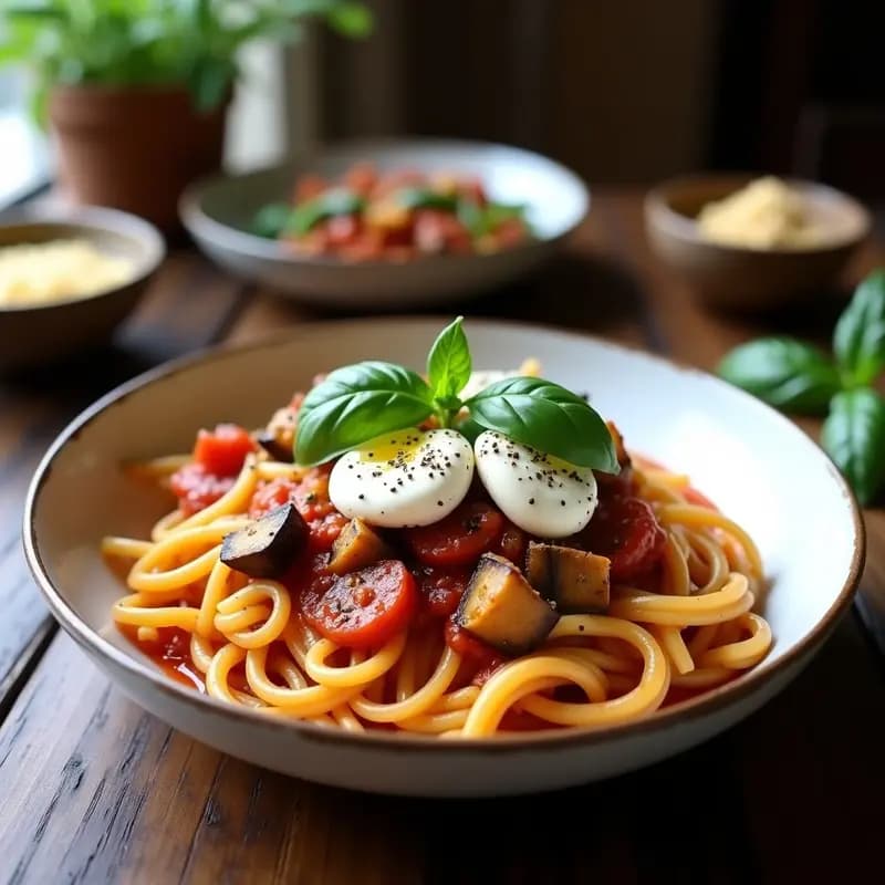 Pasta alla Norma con Eggplant y Ricotta de Anacardos: Receta Italiana Vegana