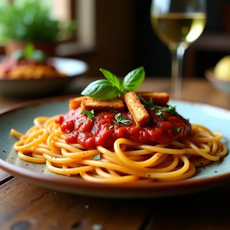 Pasta All’Amatriciana con Panceta de Tofu Ahumado: Receta Italiana Vegana