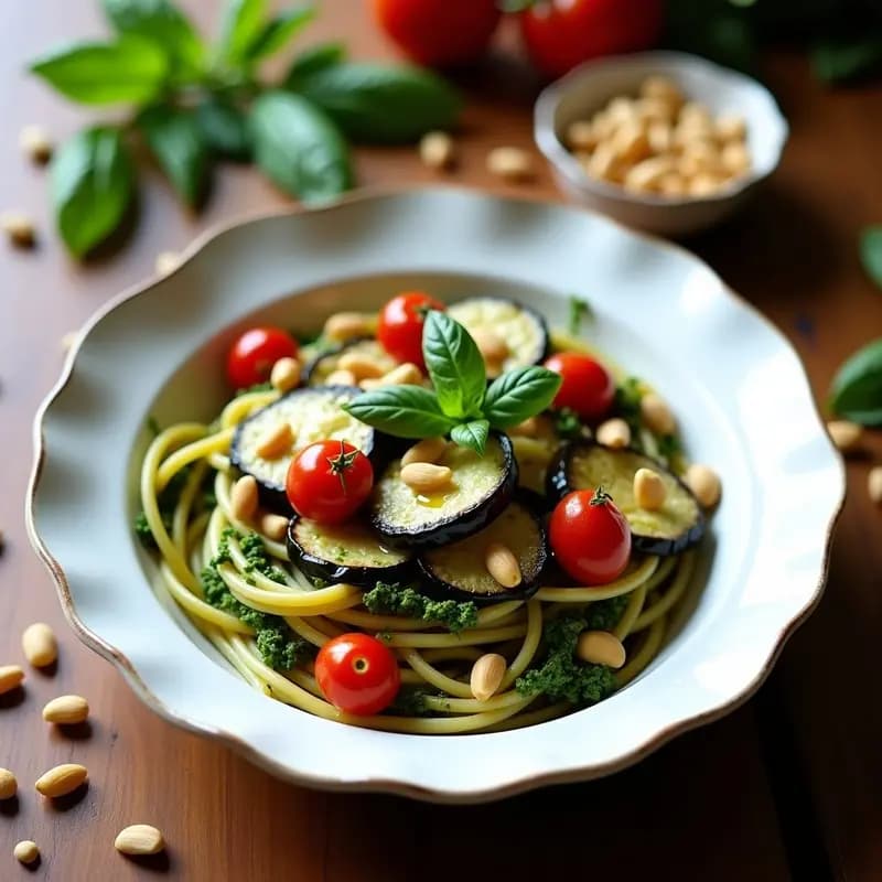 Pettine de Melanzane: Pasta de Berenjena al Pesto de Albahaca y Piñones