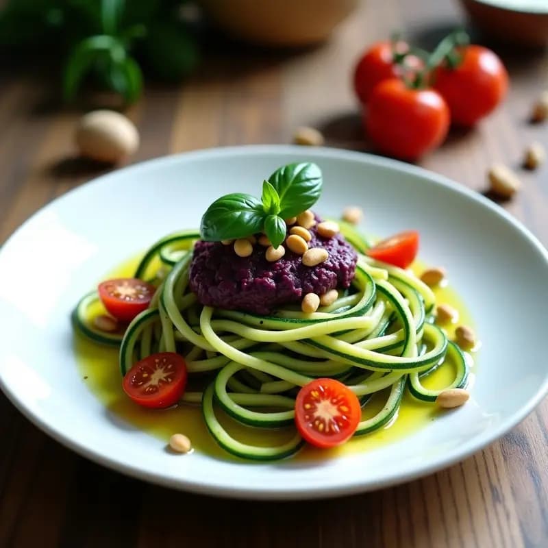Pasta de Calabacín y Spirulina con Pesto de Albahaca Morada: Receta Raw Vegana y Antioxidante