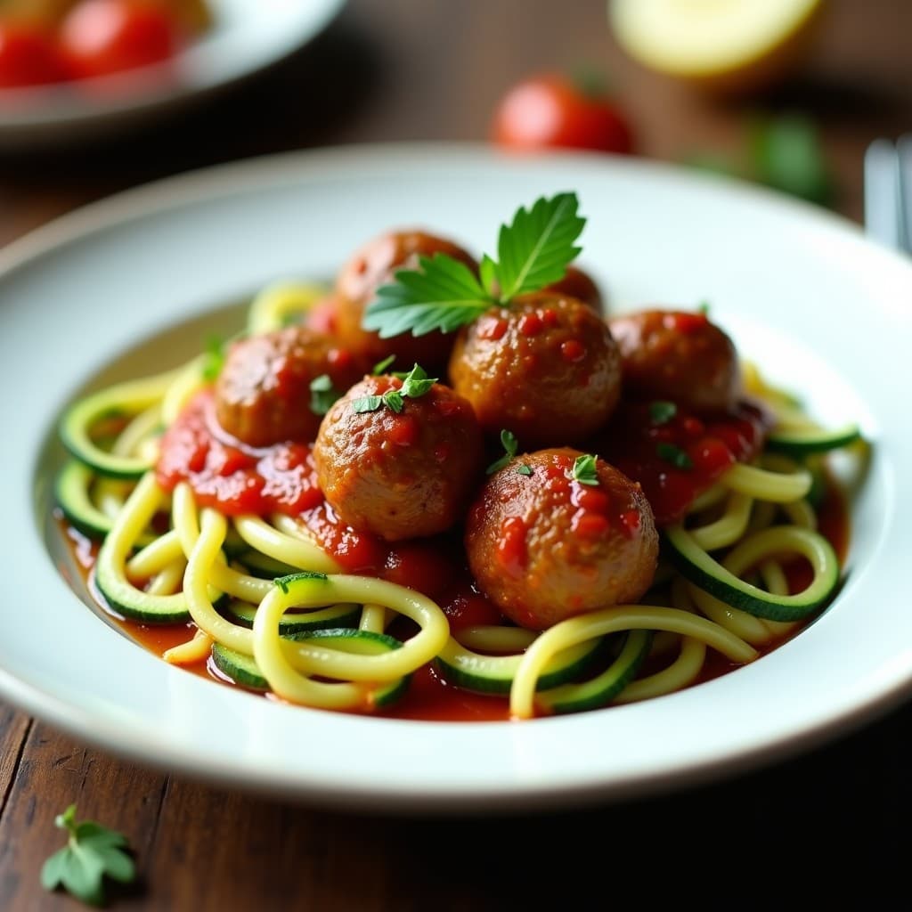Pasta de Calabacín con Albóndigas de Berenjena y Tomate: Receta en Airfryer Sin Gluten