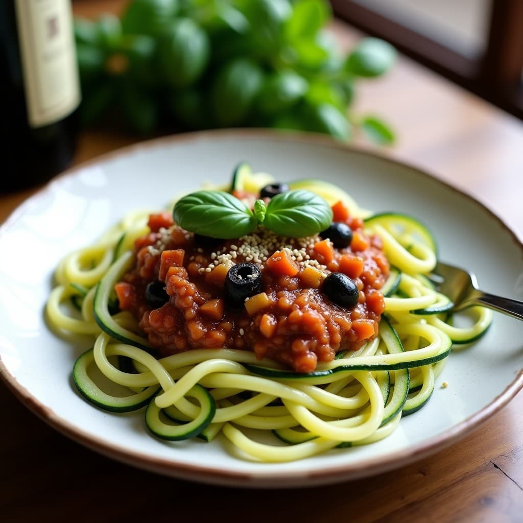 Pasta de Calabacín con Bolonesa de Lentejas y Aceitunas Negras: Receta Italiana Vegana