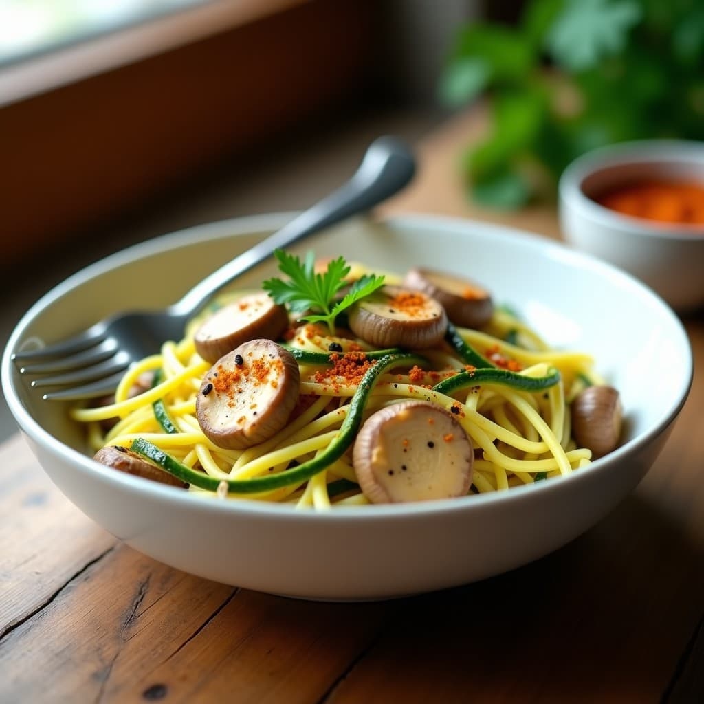 Pasta de Calabacín y Champiñones con Salsa de Anacardos: Receta Sin Gluten y Alta en Proteína