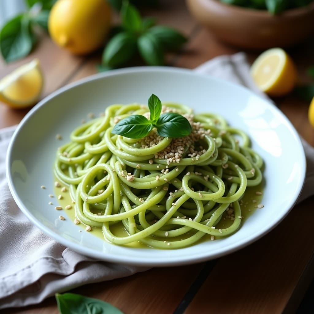 Pasta de Calabacín y Espirulina con Salsa de Anacardos y Limón: Receta Crudivegana y Detox