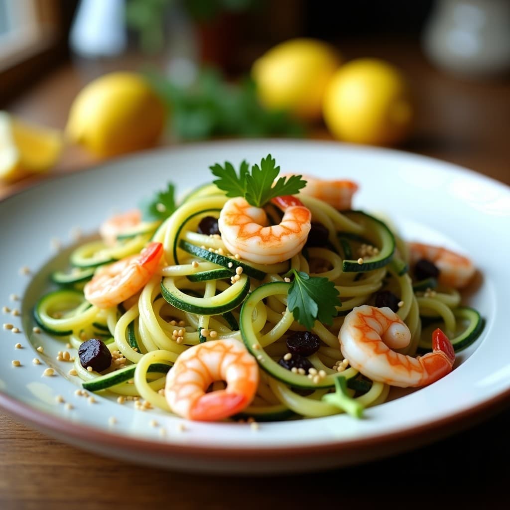 Pasta de Calabacín con Gambas y Ajo Negro: Receta Sin Gluten y Alta en Omega-3