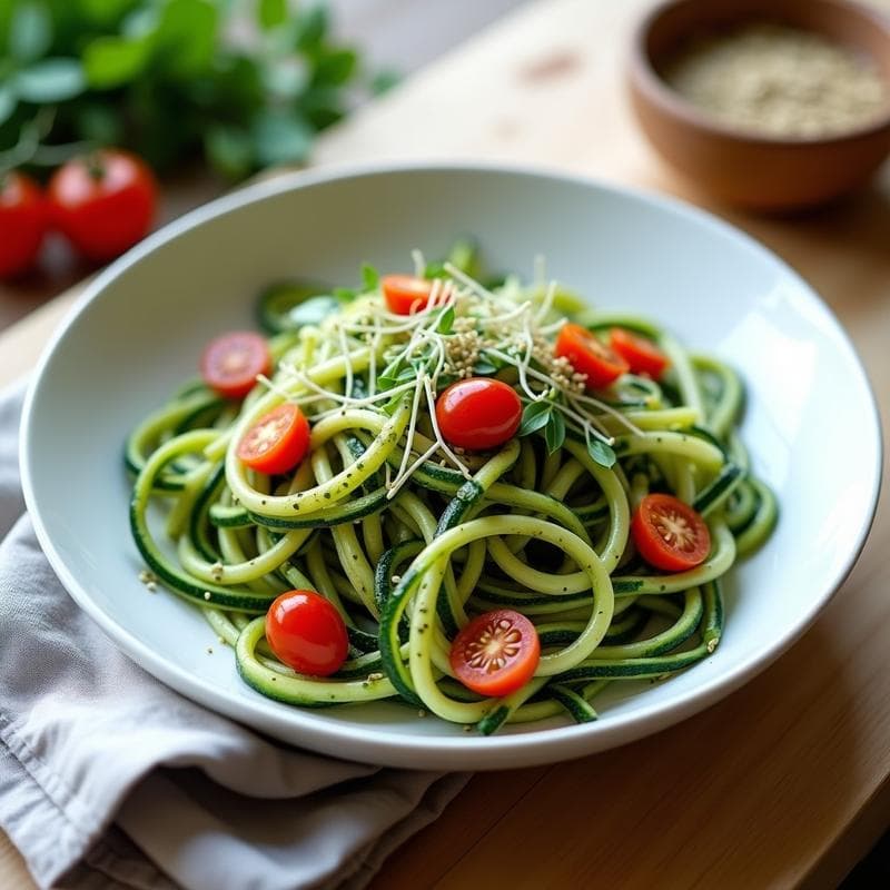 Pasta de Calabacín con Pesto de Algas Nori y Semillas de Cáñamo: Receta Raw Vegana