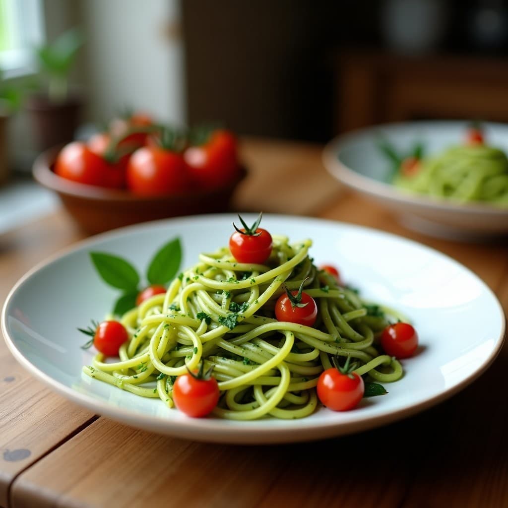 Pasta de Calabacín con Pesto de Espirulina y Tomates Cherry: Receta Vegana y Crudivegana