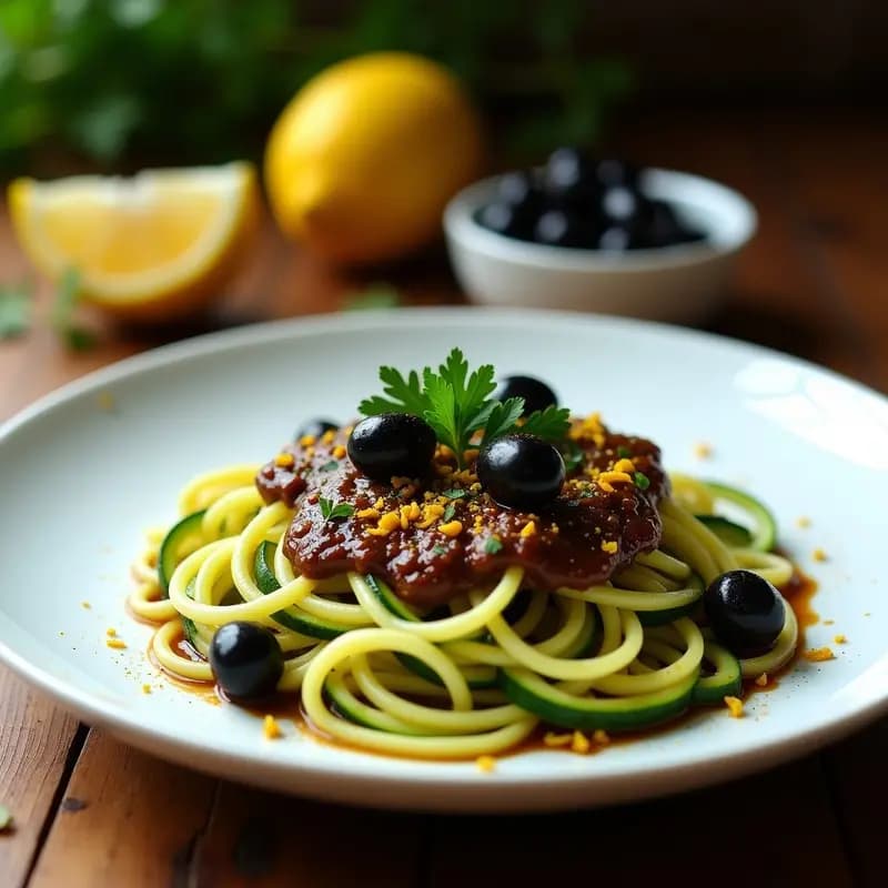 Pasta de Calabacín con Salsa de Anchoas Veganas y Aceitunas Kalamata: Receta Sin Gluten y Sin Lactosa