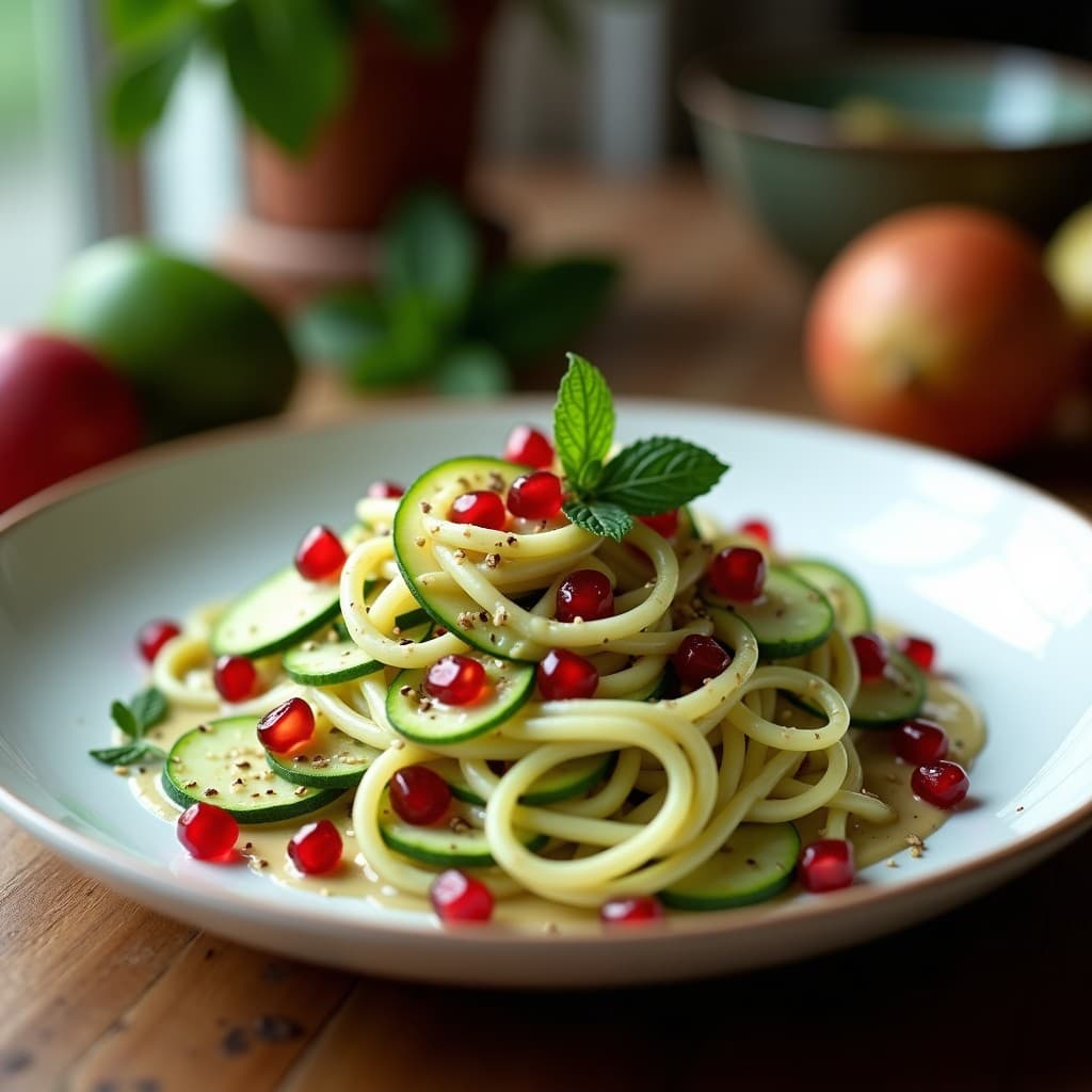 Pasta de Calabacín con Salsa de Tahini y Granos de Granada: Receta Libanesas Crudivegana