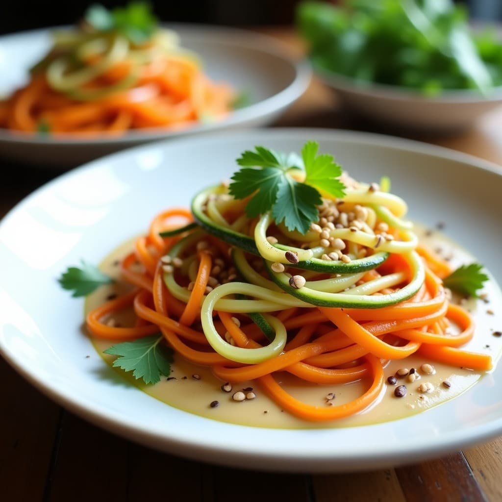 Pasta de Calabacín y Zanahoria con Salsa de Anacardos y Levadura Nutricional: Receta Raw Vegana