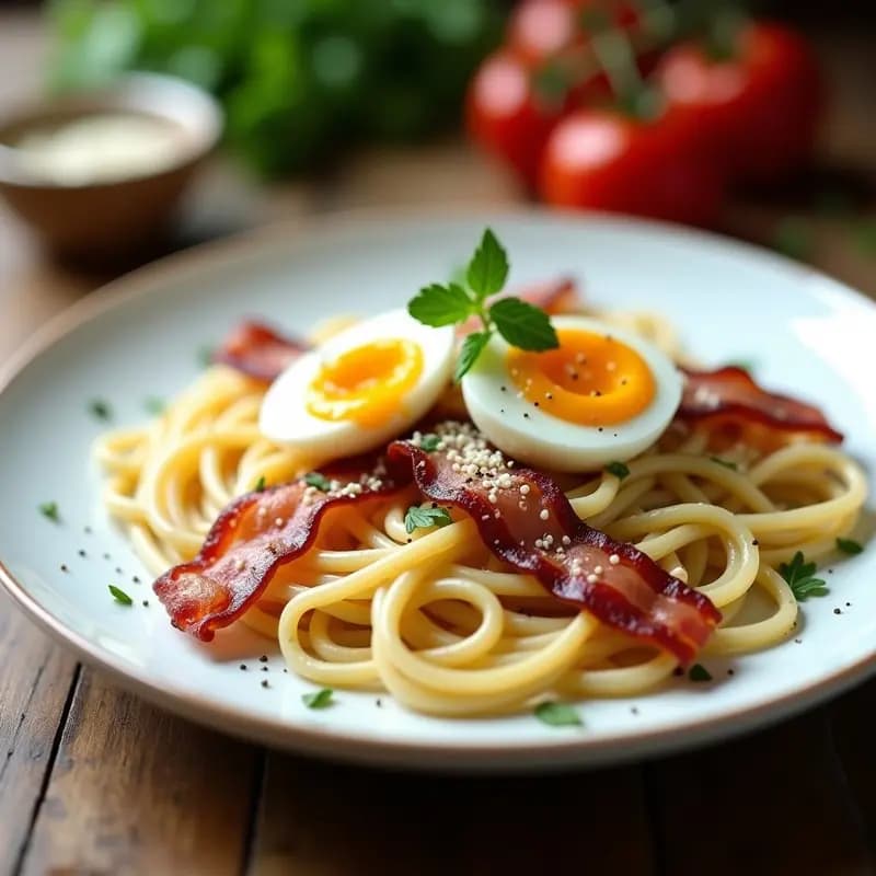 Pasta Carbonara con Bacon de Pavo y Huevos de Codorniz: Receta Italiana Ligera y Alta en Proteína