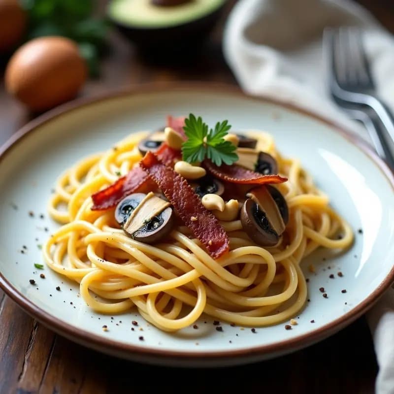 Pasta Carbonara con Bacon de Tofu: Receta Italiana Vegana y Sin Lactosa
