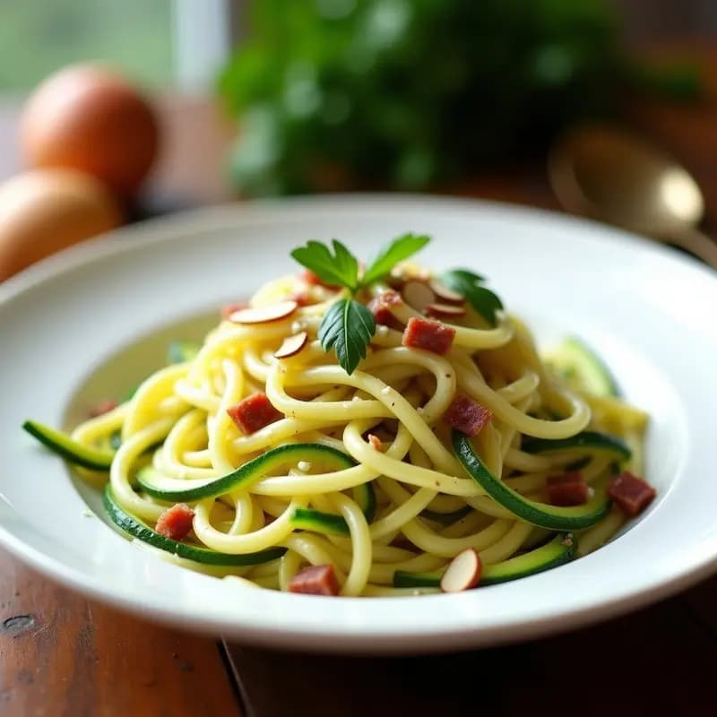 Pasta Carbonara con Calabacín en Espiral: Versión Ligera y Sin Lactosa