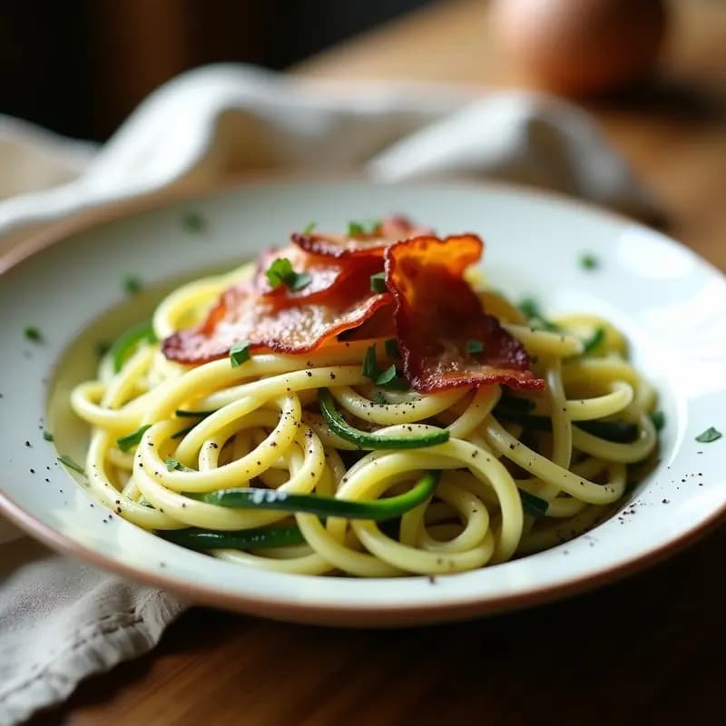 Pasta Carbonara de Calabacín y Huevos Orgánicos: Receta Low-Carb con Tocino de Pavo