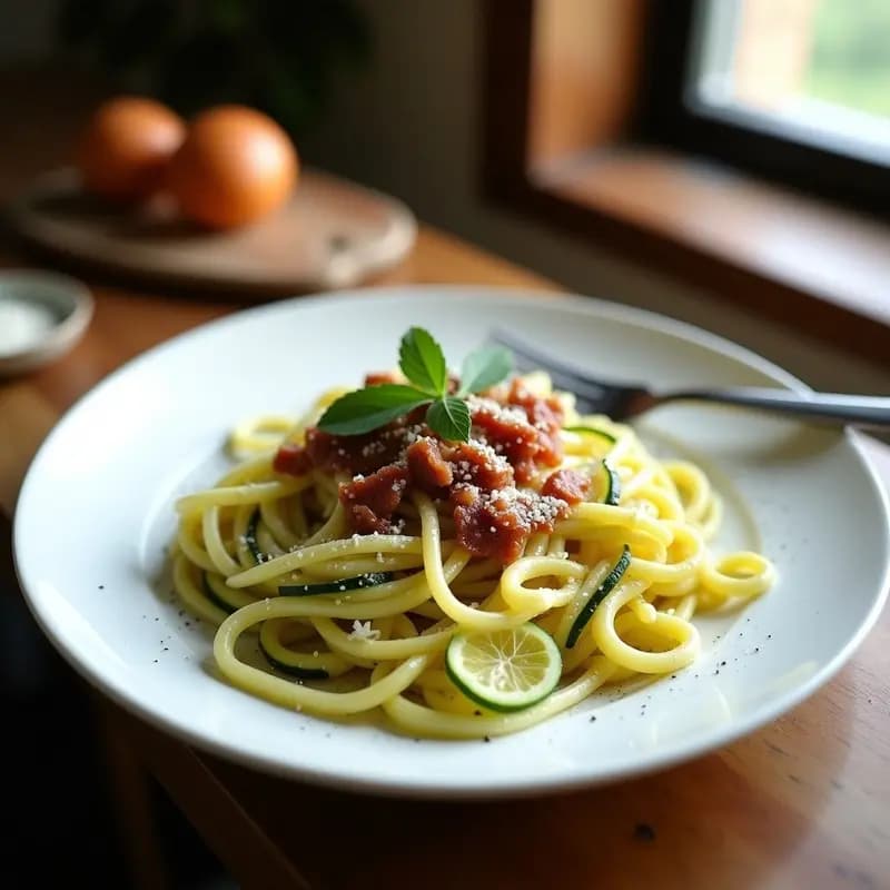 Pasta Carbonara de Calabacín: Receta Keto con Huevos y Panceta en Airfryer