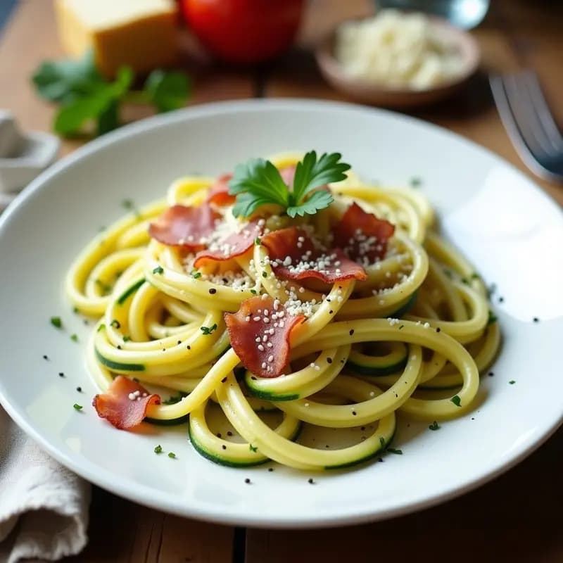 Pasta Carbonara de Espaguetis de Calabacín: Receta italiana keto con tocino y huevo