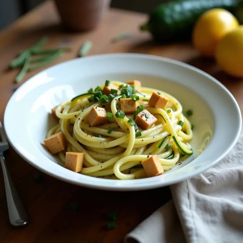 Pasta Carbonara de Calabacín con Tofu Ahumado: Receta Italiana Keto Sin Harina