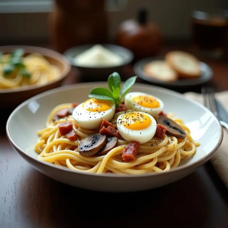 Pasta Carbonara con Champiñones y Huevos de Codorniz: Receta Italiana con Toque Gourmet
