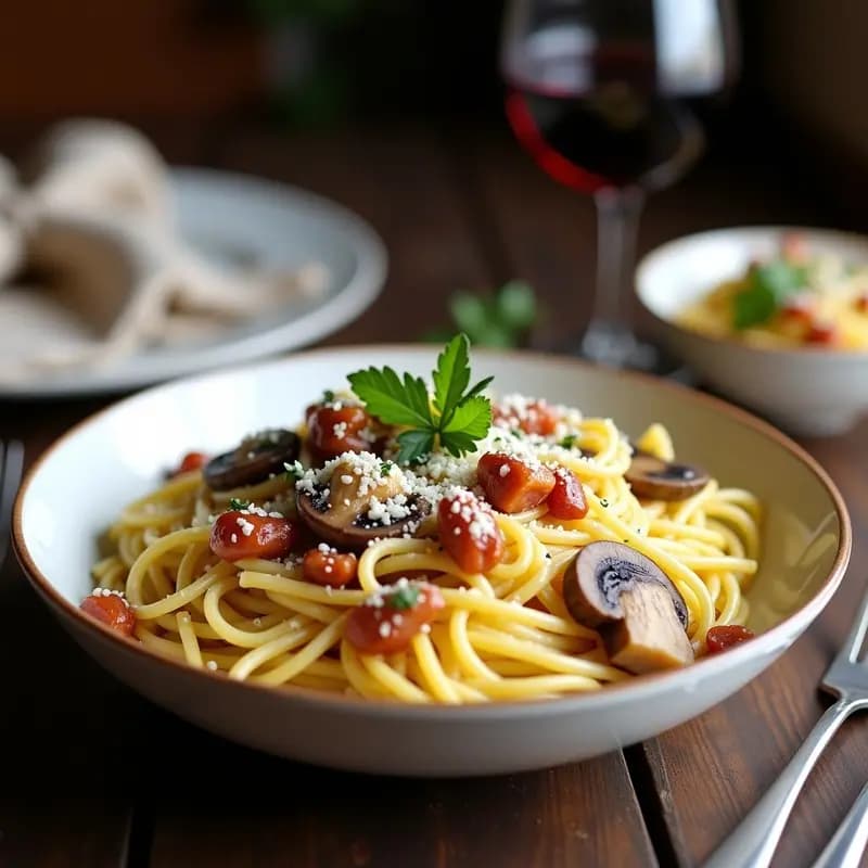 Pasta Carbonara con Champiñones y Panceta Ahumada: Receta italiana en airfryer y rápida