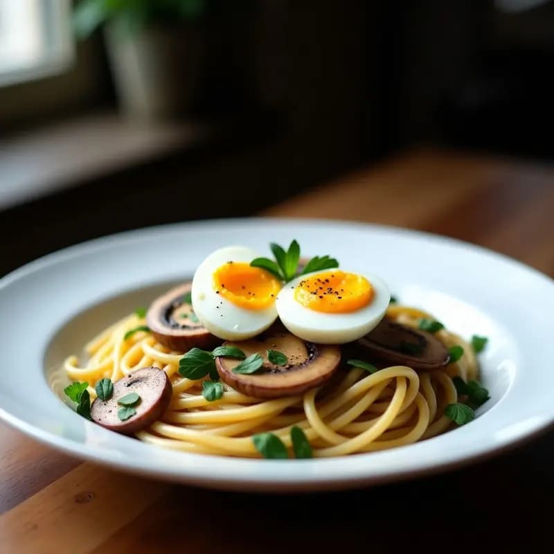 Pasta Carbonara con Champiñones Portobello y Huevos de Codorniz: Receta Vegana Sin Panceta