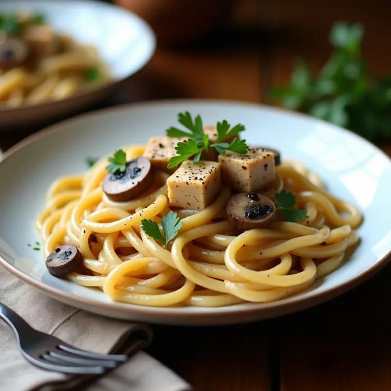 PastaCarbonara de Champiñones y Tofu Ahumado: Receta Italiana Vegana y Sin Huevos