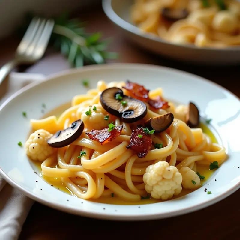 Pasta Carbonara de Coliflor y Bacon de Hongos: Receta Italiana Sin Gluten en Airfryer