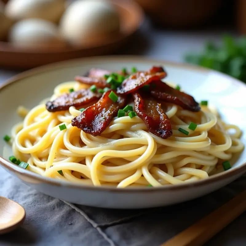 Pasta Carbonara con Hongos Shiitake y Tocino Vegano: Receta Italiana Sin Lactosa en 20 Minutos