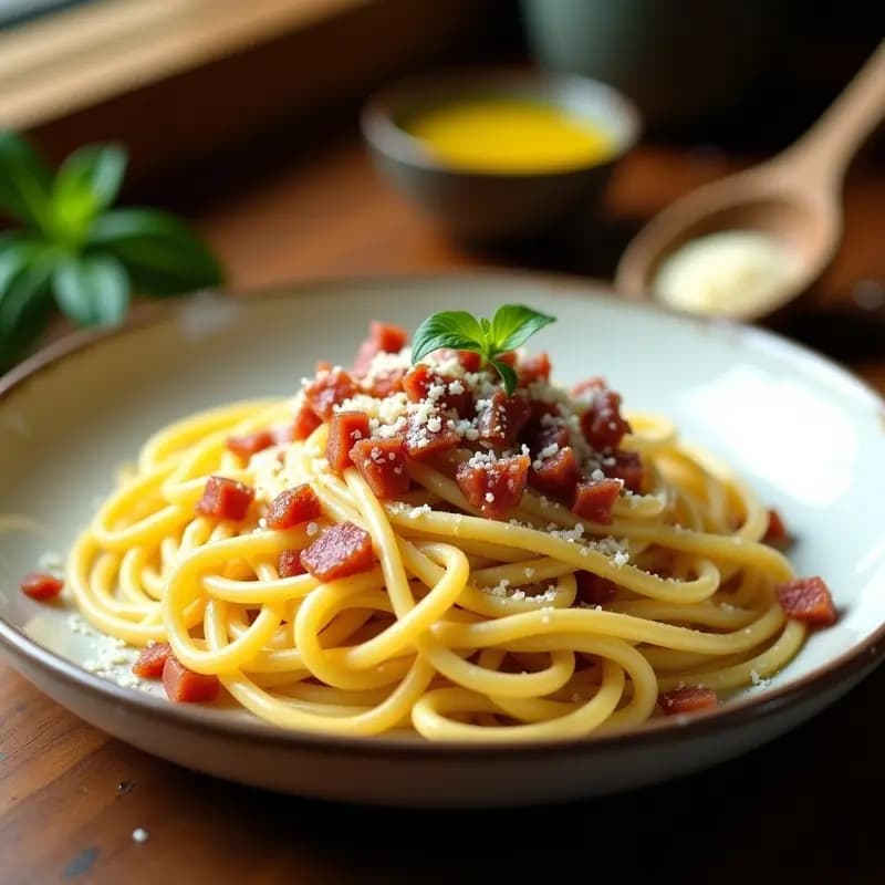Pasta Carbonara con Huevos Orgánicos y Panceta Ibérica: Receta Italiana en 15 Minutos