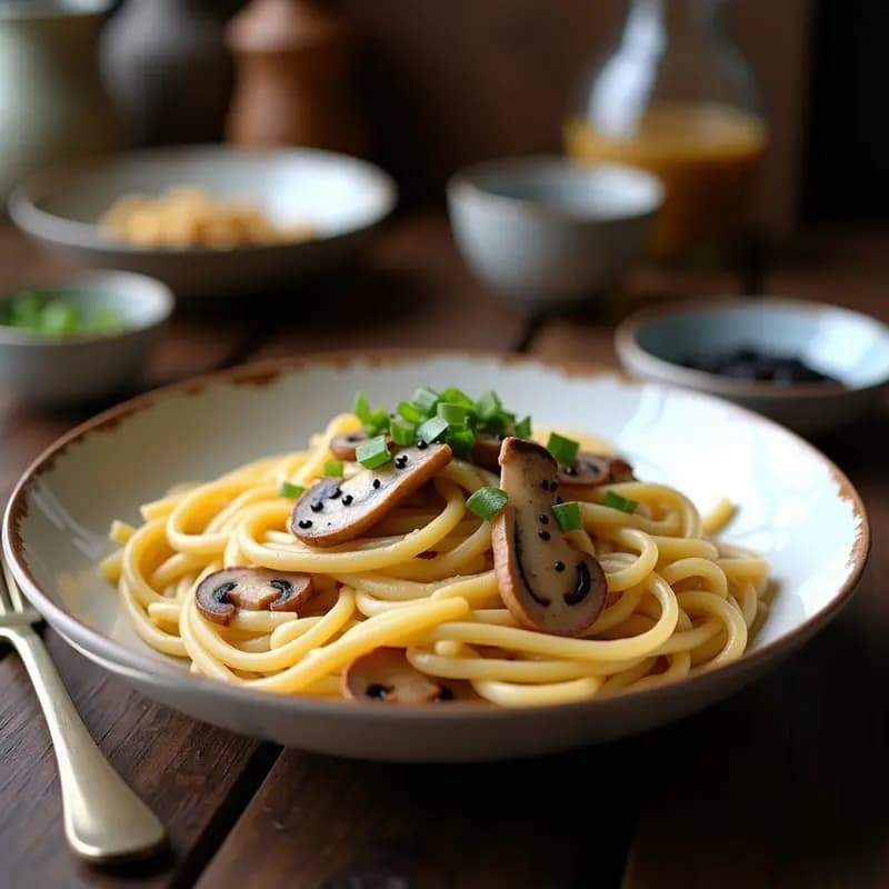 Pasta Carbonara con Hongo Shiitake: Receta Italiana Vegana con Toque Japonés